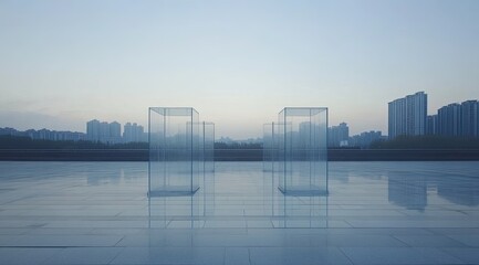 Glass cubes on a paved plaza, city view