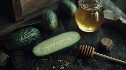 Fresh cucumbers and organic honey displayed on a rustic wooden surface