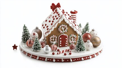 Whimsical gingerbread house centerpiece surrounded by festive ornaments