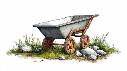 Rustic wheelbarrow in a meadow illustration with rocks and wildflowers