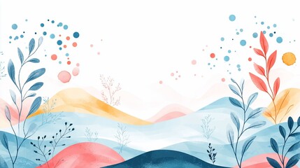 Whimsical landscape with pastel hills and watercolor botanical elements