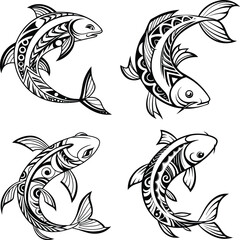 Four stylized black and white fish illustrations with intricate tribal pattern designs on a white background