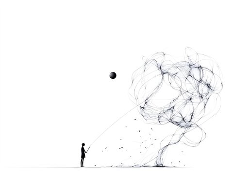 Single Line Drawing of a Figure Unrolling a Cloud-like Sphere