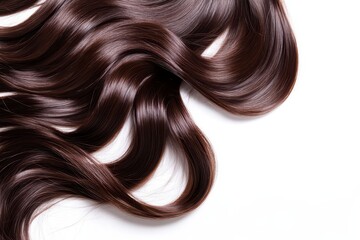 Naklejka premium Curly brown hair strands displayed on a white background emphasizing the texture and natural shine, suitable for hairstyling inspiration and beauty product advertisement