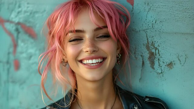 A bold young woman with vibrant pink hair and multiple piercings wearing a leather jacket against an urban graffiti wall