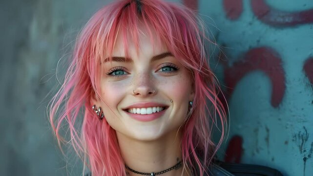 Bold young woman with vibrant pink hair and multiple piercings against an urban graffiti wall