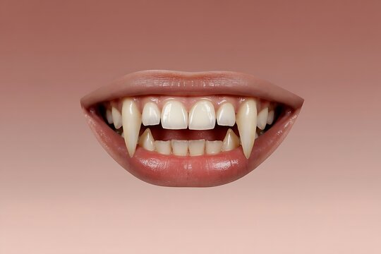 Vampire teeth mouth with long fangs, sharp teeth, Halloween theme, closeup