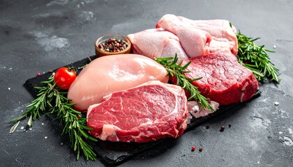 Elegant Assortment of Raw Meats and Poultry on Black Slate