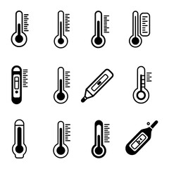 Fototapeta premium Collection of Black Thermometer Icons Representing Temperature Measurement, Health, and Medical Diagnostics in Various Styles