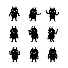 Fototapeta premium Collection of Black Monster Silhouettes with Horns Expressing Various Emotions and Poses, Ideal for Fantasy or Halloween Themes