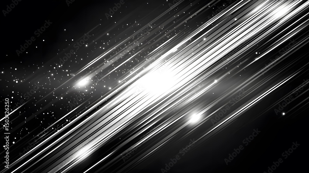 Poster diagonal lines and glittering points on a dark background.
