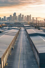 Fototapeta premium Urban industrial landscape with warehouses and city skyline