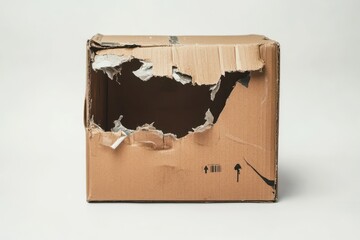 Damaged cardboard box with a large tear on a clean white background showcasing its worn condition and potential unboxing context