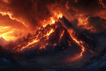 Dark fantasy landscape featuring an erupting mountain spewing flames under a dramatic fiery sky at dusk