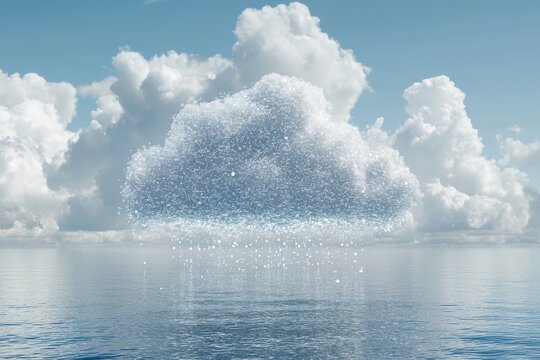 Cloud data lake concept illustrating big data storage and management in a seamless cloud environment over tranquil waters