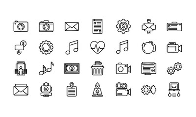 A collection of simple white outline icons representing various concepts in entertainment, media, and digital content.