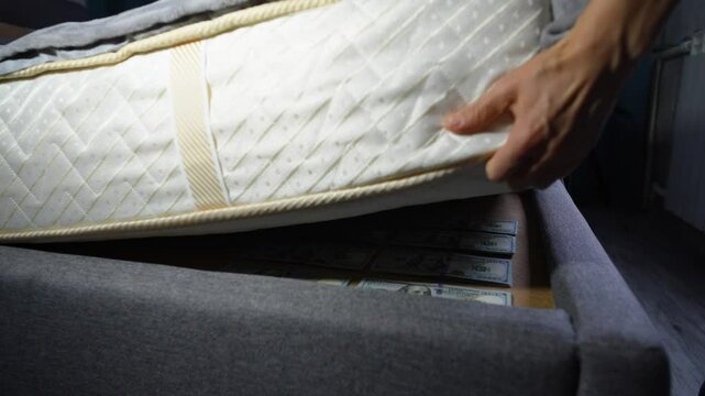 Close-up of a person hiding a stack of US hundred-dollar bills under a mattress