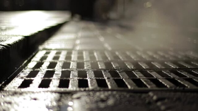 A close-up of a wet grate with steam rising, creating a moody atmosphere.