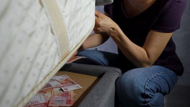 Close-up of a person taking a stack of Russian Rubble bills under a mattress
