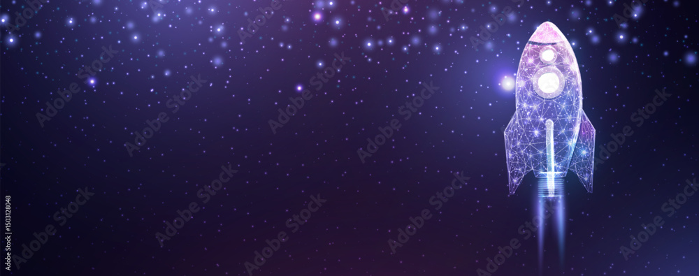 Aufkleber rocket launch, wireframe polygonal style. internet technology network, business startup concept with