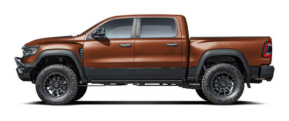 Modern powerful American brown pickup truck, side view in png format.
