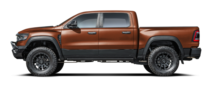 Modern powerful American brown pickup truck, side view in png format.