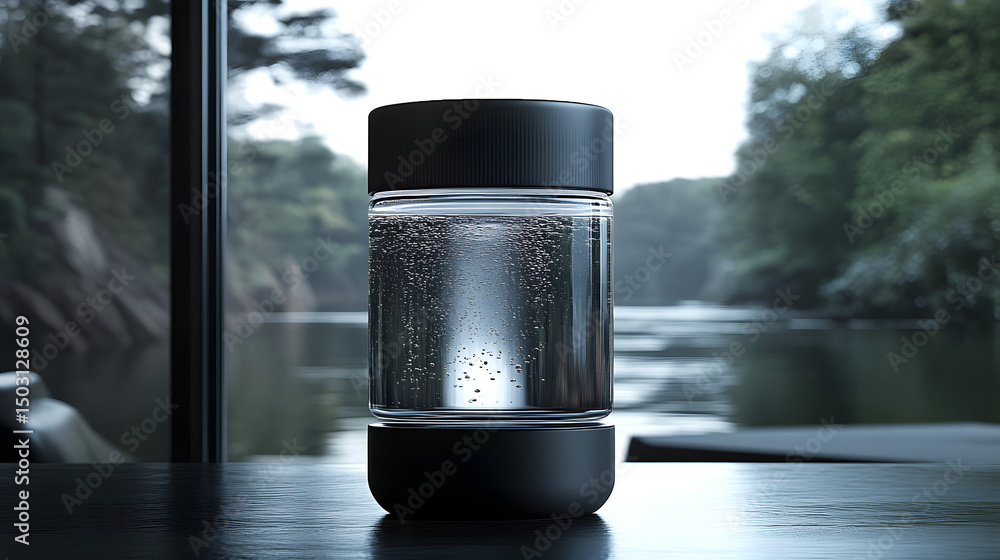 Poster 3d transparent water container that showcases modern simplicity with sleek form and clear, realistic