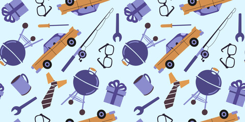 seamless father's day men pattern with dad car fishing rod tools grill gift glasses tie mug on light blue background flat illustration