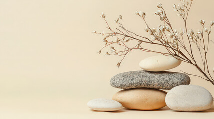 Minimalist e-commerce booth, advertising background, pebbles