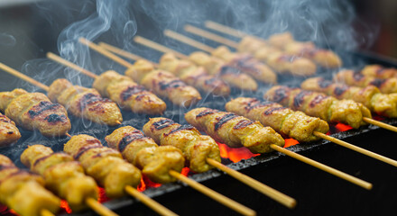 Satay meat grilling over hot coals, producing enticing aromatic smoke. Showcasing the deliciousness of Asian cuisine