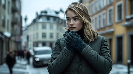 Fototapeta premium A young woman stands outdoors on a chilly city street, warmly dressed in a winter coat and gloves, looking to the side with a thoughtful expression.