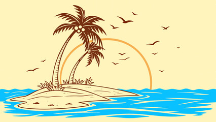 Fototapeta premium Palm Island Sunset Illustrations – Tropical Beach & Ocean Scenes