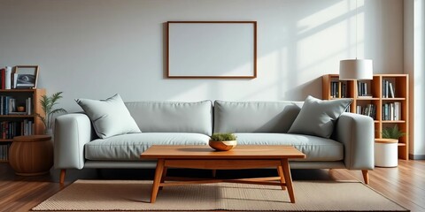 Minimalist living room, sofa with two large pillows, wooden coffee table, bookshelf, cozy,  habitat