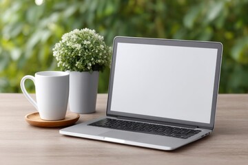 Fototapeta premium Serene Laptop Workspace: Tranquil Green Background, Simple Mug, and Plant