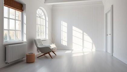 Fototapeta premium Minimalist white room, modern armchair, Scandinavian design, natural light, cozy, chair