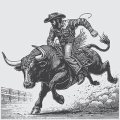A cowboy rides a bull in a rodeo