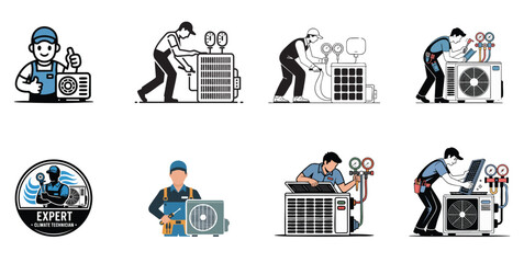 set of air conditioner technician icons, vector illustrations for hvac repair and climate control service