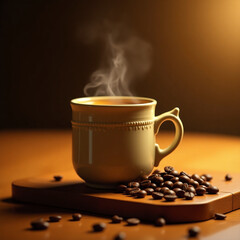 Fototapeta premium Hot espresso drink with roasted coffee beans and smoke in a brown mug