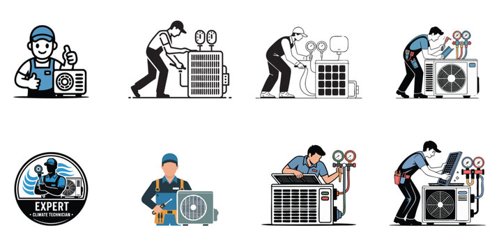 set of air conditioner technician icons, vector illustrations for hvac repair and climate control service