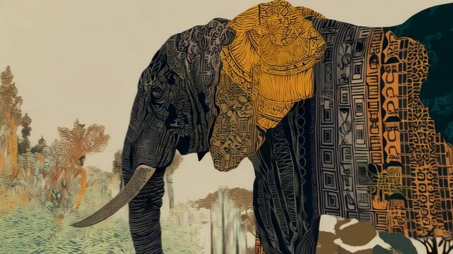 Stylized elephant with tribal patterns and foliage illustration featuring African design and earthy tones for creative projects.