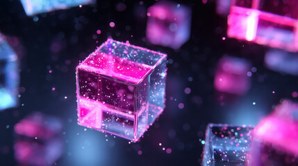 abstract 3D shapes made of glass morphism, cyberpunk textures with neon lighting and glowing particles, futuristic floating interface elements, vivid blue and pink tones