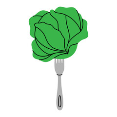 Fresh cabbage pierced on a fork. Minimal food concept symbolizing freshness, cooking, and healthy eating. Organic farm vegetable. Vector illustration.