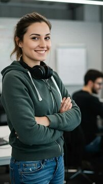 Smiling Young Woman with Headphones in Casual Hoodie at Modern Office Space, Engaged with Colleagues in Collaborative Workspace