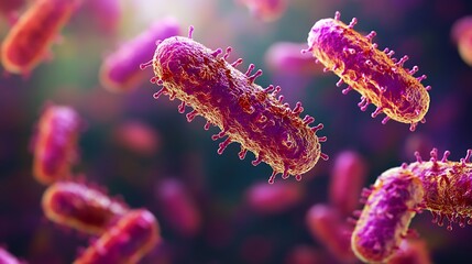 Fototapeta premium Purple orange bacteria microorganism pathogen close up cellular structure microscopic biology science image