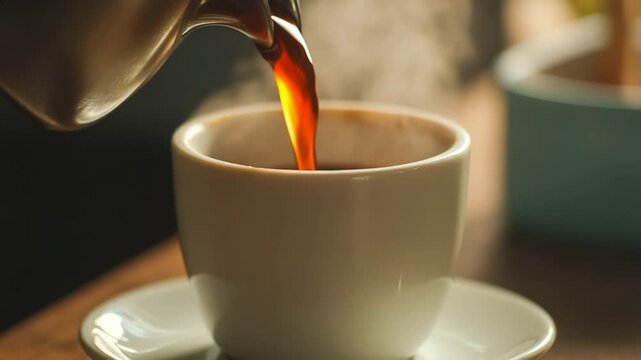 Close-up cinematic scene of hot coffee being poured from metal pot into white cup with steam rising, showcasing cozy morning mood and soft golden light in slow motion detail

