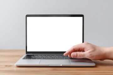 Laptop on Wood: Minimalist Hand Reaching for Trackpad