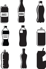 Fototapeta premium Simple set of black and white silhouette icons of different beverage containers, including cans and bottles of juice, soda, and energy drinks.