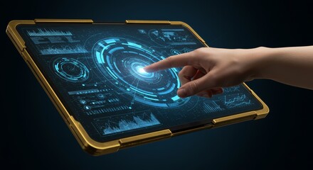 Advanced holographic display interface with hand interaction and golden bezel