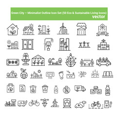 Green City Eco & Sustainable Living Line vector Icons Set 