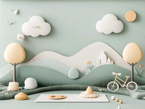 Fototapeta Whimsical Pastel Park Scene with Stylized Trees and Bike
